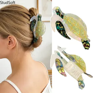 Sea Turtle Hair Claw Clips 2-Pack Cute Iridescent Acetate Tortoise Shark Jaw Clip Non-Slip Strong Hold Hairpin Styling Accessories for Women Beach Vacation