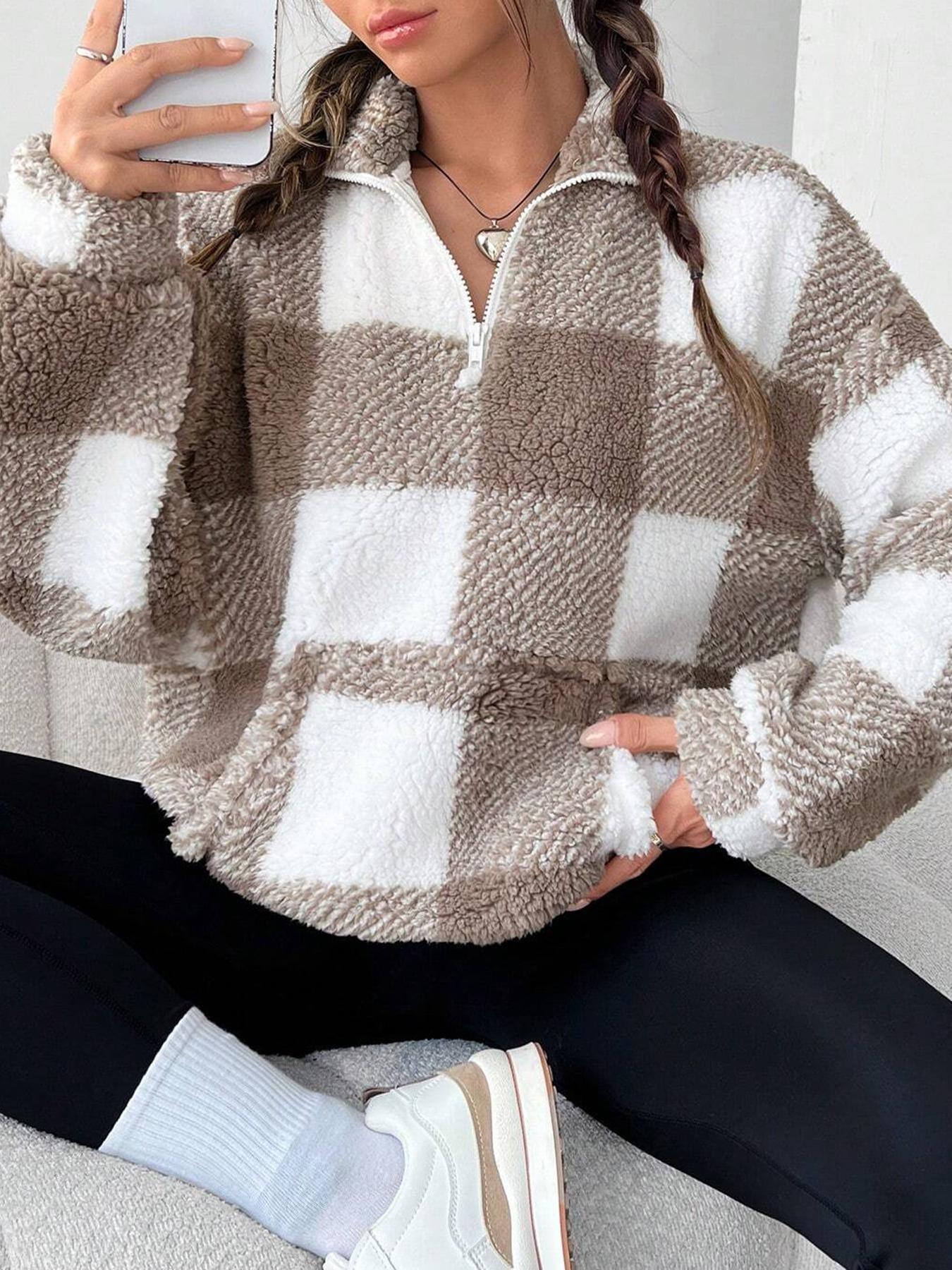 Women's Plaid Half Zip Drop Shoulder Fleece Sweatshirt, Casual Long Sleeve Collar Pullover for Spring & Fall, Ladies Clothes for Daily Wear