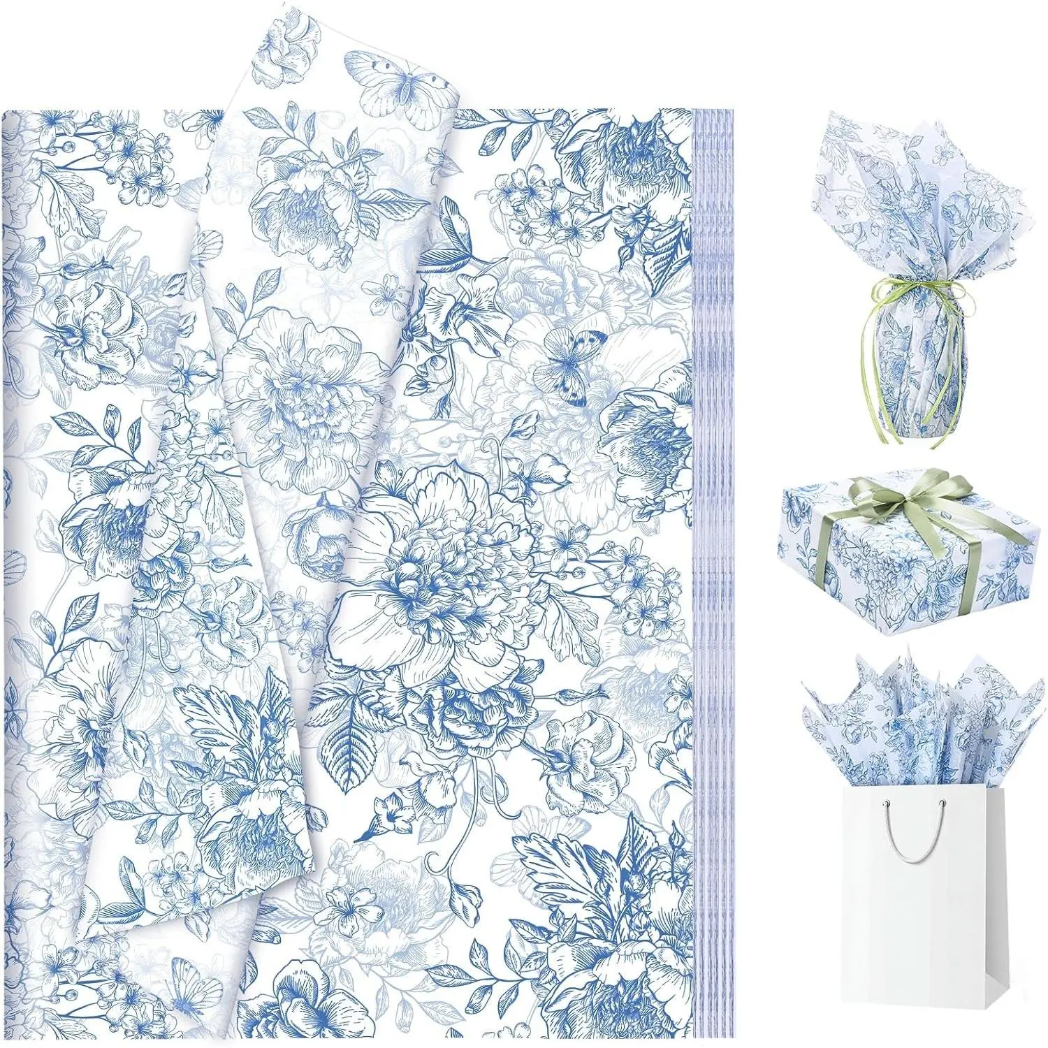 120 Sheets Blue Floral Tissue Paper Bulk Vintage Blue & White Flower Tissue Paper for Gift Bags Wrapping Baby Shower Wedding Birthday Tea Party Decor, 14 x 20 Inch