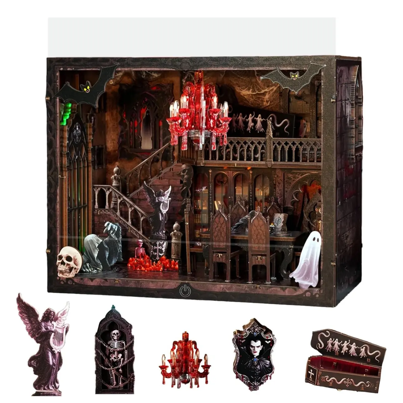 Haunted Manor DIY Miniature House Kit with LED Lights - Gothic Book Nook Decor, 3D Wooden Puzzle for Adults, Halloween Home Decoration (AAA Batteries Not Included)