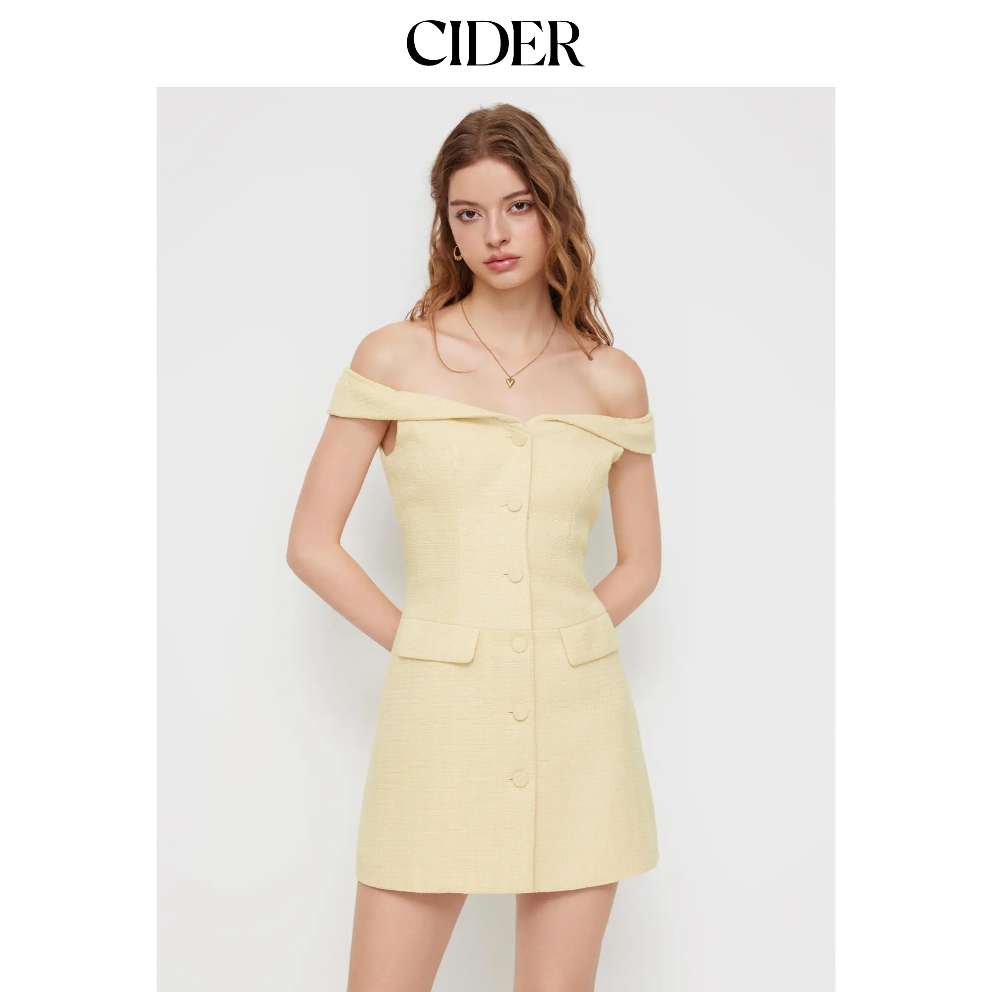 Cider Tweed Off-shoulder Button A-line Mini Dress SummerFinds