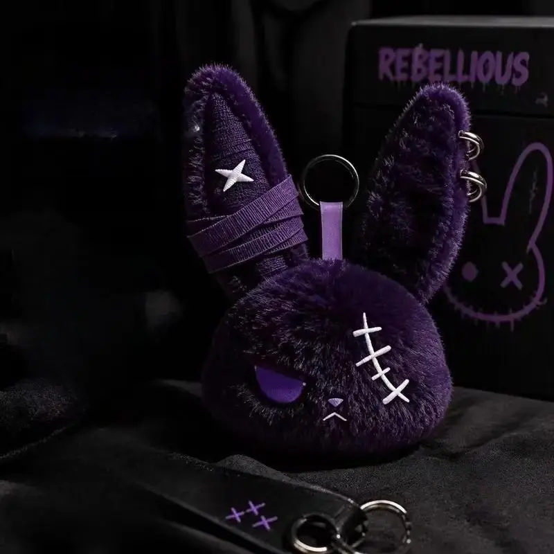 1/2pcs Gothic Style Fluffy Bunny Keychain, Dark Fashion Rabbit Head Bag Charm, Unique Plush Animal Key Holder for Women, Stylish Accessory, Creepy Keychain，halloween gift