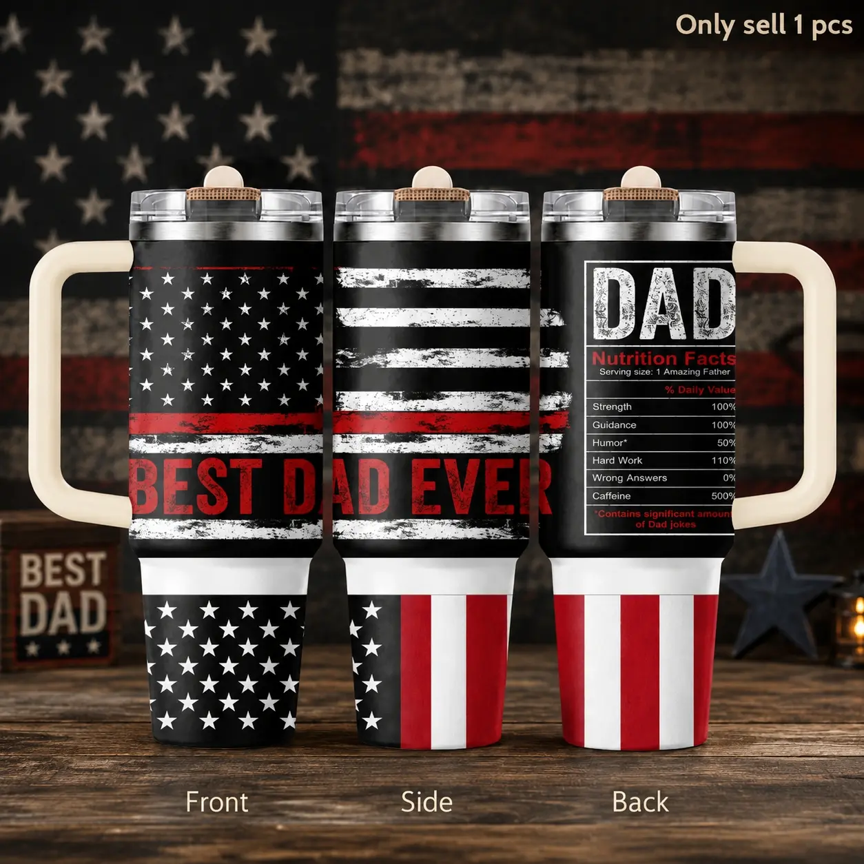 Best Dad Ever American Flag 40oz Tumbler – Patriotic Father’s Day Stainless Steel Insulated Travel Cup with Handle & Straw Lid for Coffee, Water, Work, Office, Car, Gift for Dads