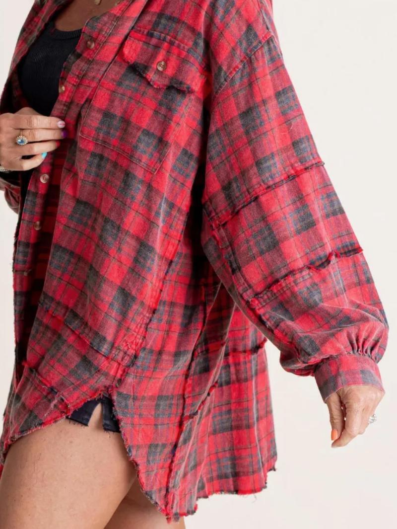 Women's Autumn and Winter New Frayed Lantern Sleeve Loose Button Plaid Shirt Top Womenswear