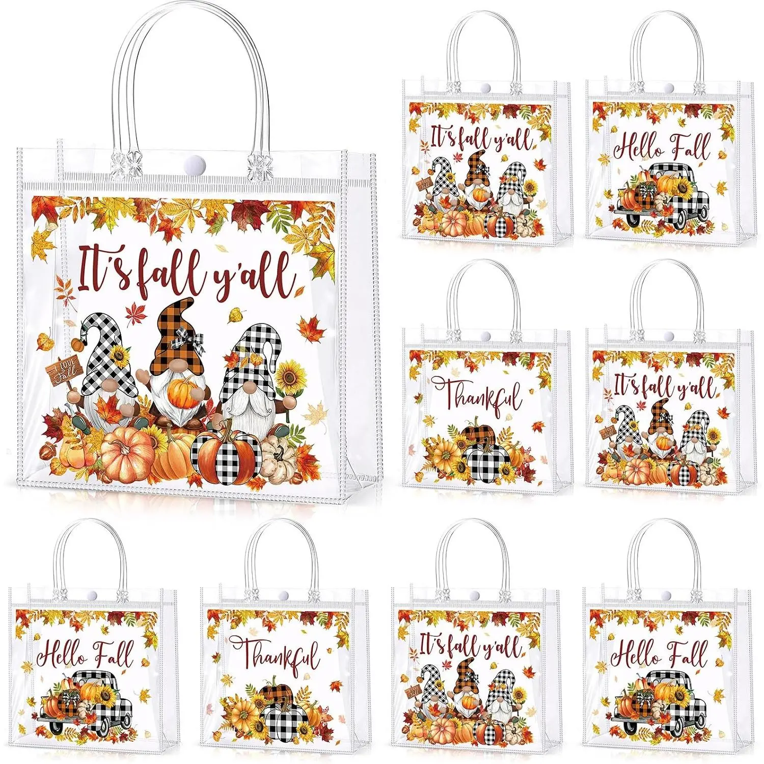 24 count Thanksgiving  Bags with Handle PVC Clear Fall Tote Bags  Pumpkin Goodie Pouches Maple Leaf Favor Pouch for Autumn Thanksgiving Harvest Holiday Party Favors Supplies Decor