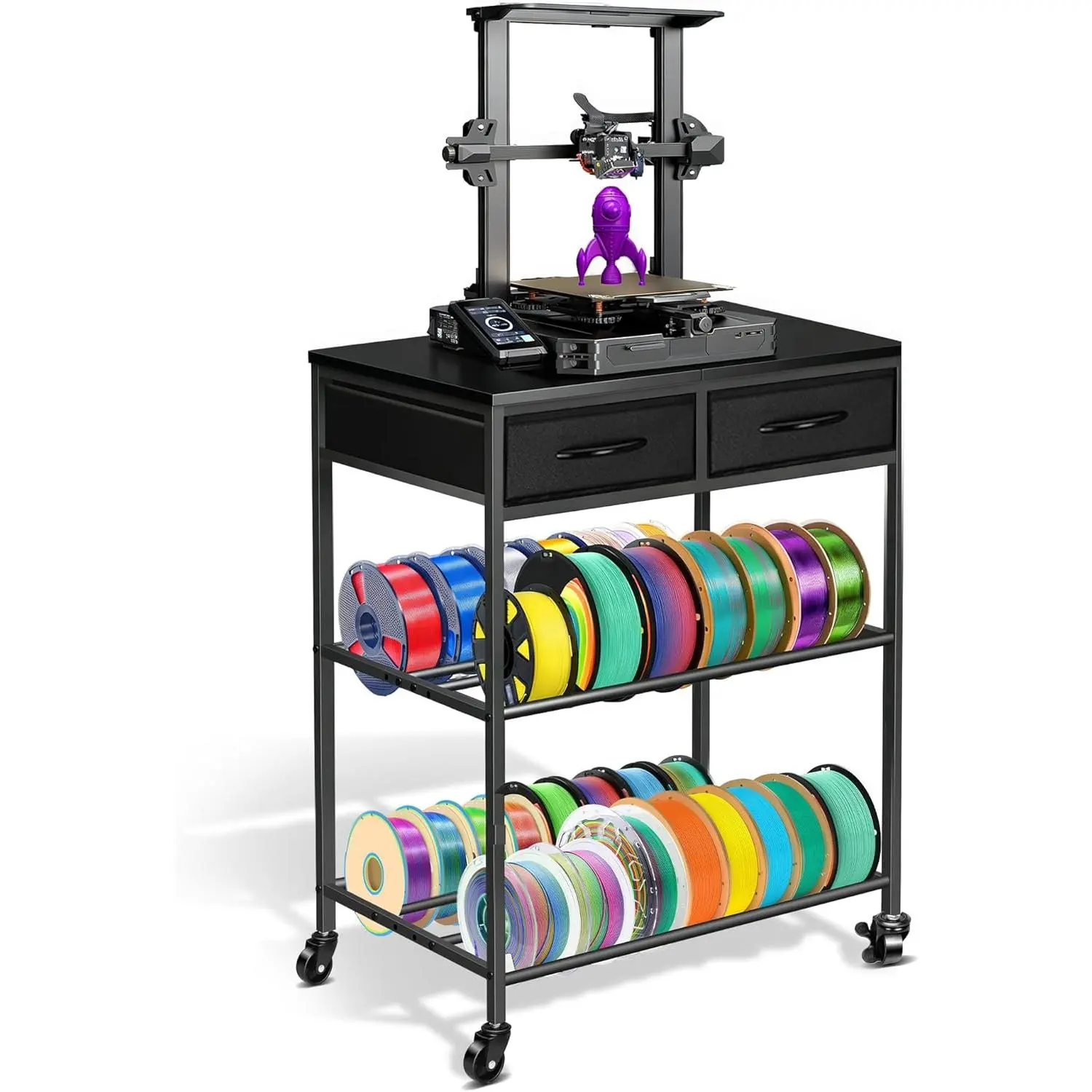 3-Tier 3D Printer Filament Metal Storage Rack with Drawers, Wheels, Functional Organizer for TPU, Nylon Filaments, Suitable for Office, Workshop