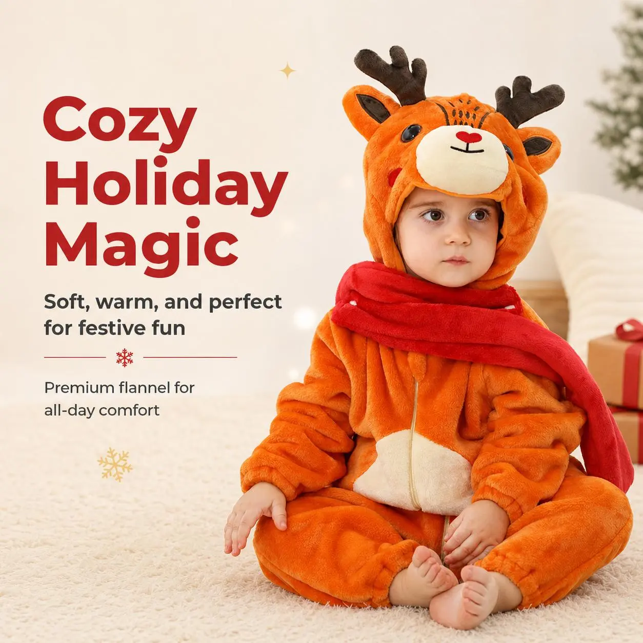 Toddler Kids Hooded Orange Reindeer Flannel Onesie Pajamas - Full-Zip Soft Plush Christmas Cosplay Loungewear for Boys Girls Winter Home Outfit