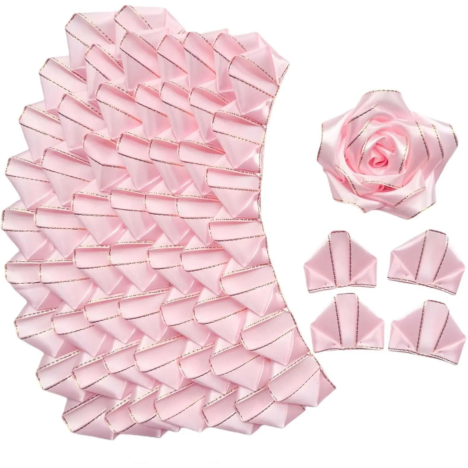 Silk Ribbon Rose Petals 100 count Pre-Made Glitter Shimmering  for DIY Bouquets, Half-Finished Crafted Shining Forever Flower for Weddings Anniversaries, Shining Light