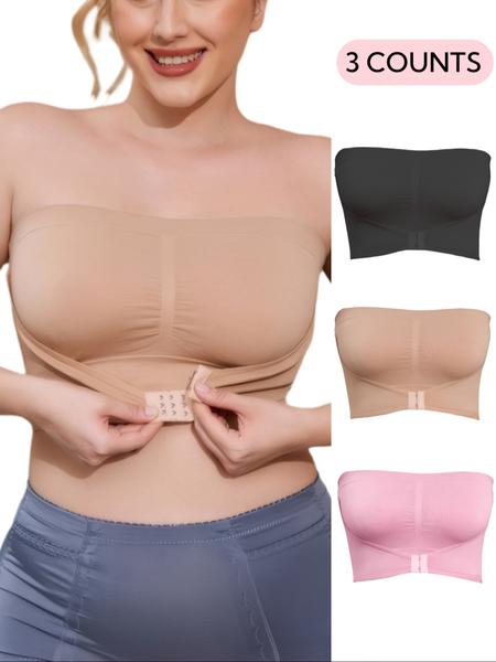 【Plus Size】 Solid Color Push Up Strapless Bra, Women's Comfortable Breathable Soft Bra,Front Chest Buckles Design,Women's Lingerie for All Seasons,Ladies Knitted Underwear For Daily or any Occasion