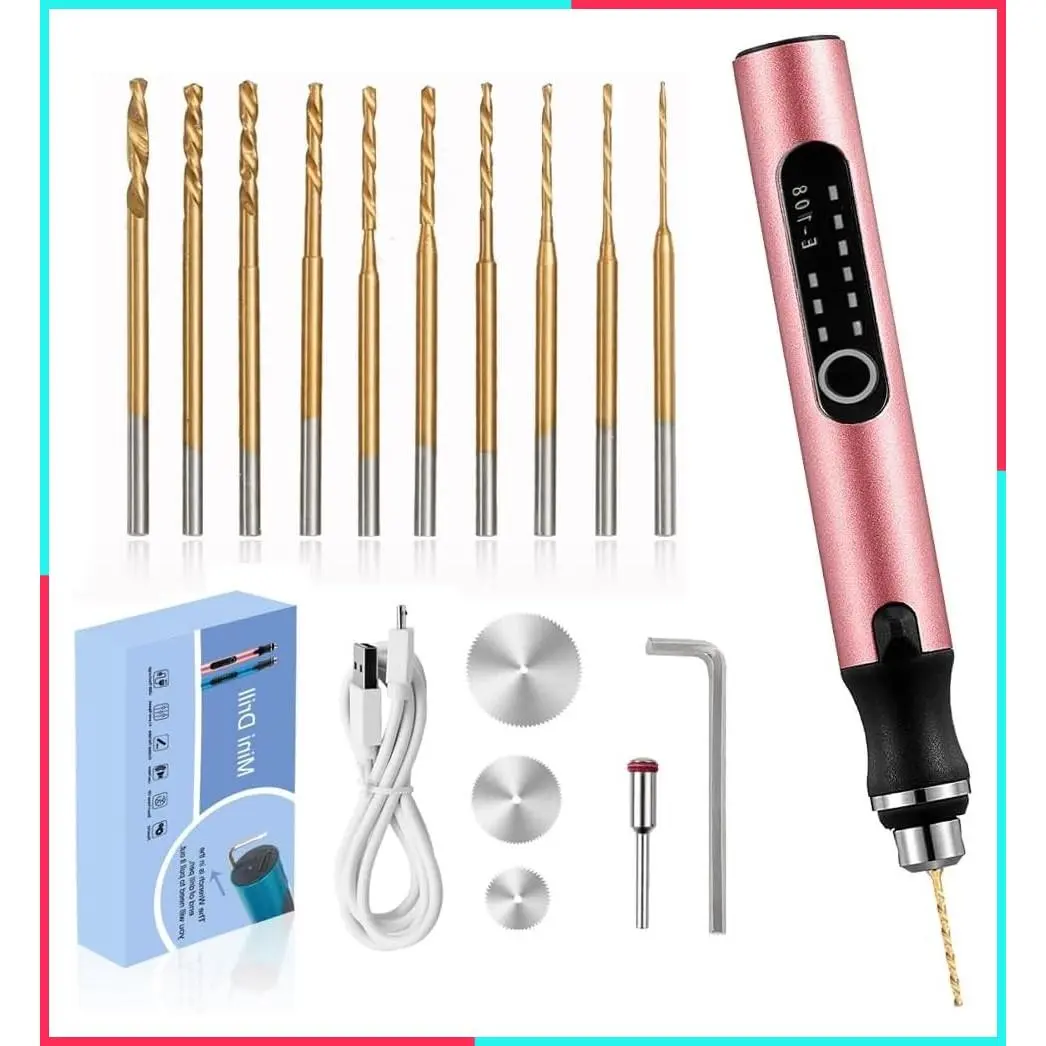 3-Speed Cordless Mini Drill Pen with 10 Small Drill Bits, Rechargeable Electric Hand Drill Pin Vise for Jewelry Making, Resin, Plastic, Wood, Keychains DIY (Pink)