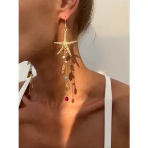 Women's Boho Style Alloy Statement Earrings, Ocean-Inspired Starfish Shell Design, Irregular Crystal Beaded Dangle Jewelry for Daily Wear & Vacation