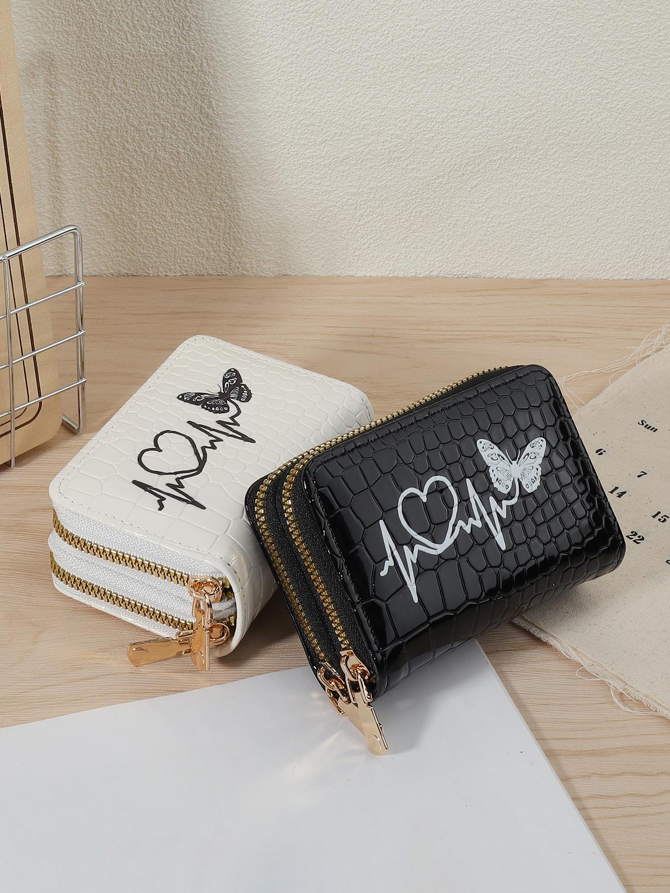 Fashionable Butterfly & Heart Pattern Card Holder, Minimalist Double Zipper Portable Short Wallet, Large Capacity Multifunctional Card Bag, Cardholder, Exquisite Cardholder, Card Organizer