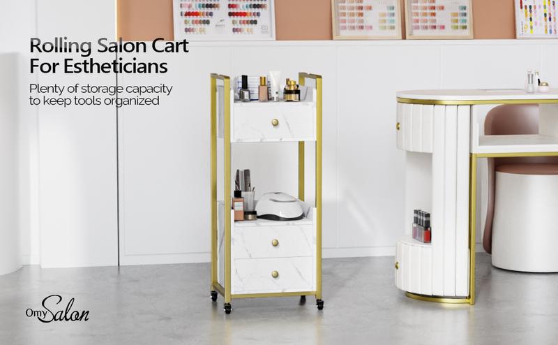 OmySalon Salon Trolley Cart with Wheels, Esthetician Cart with 3 Drawers & 2 Trays, Mobile Storage Organizer for Beauty Spa Massage Tattoo Esthetic Facial Tool Holder Station, White Marble