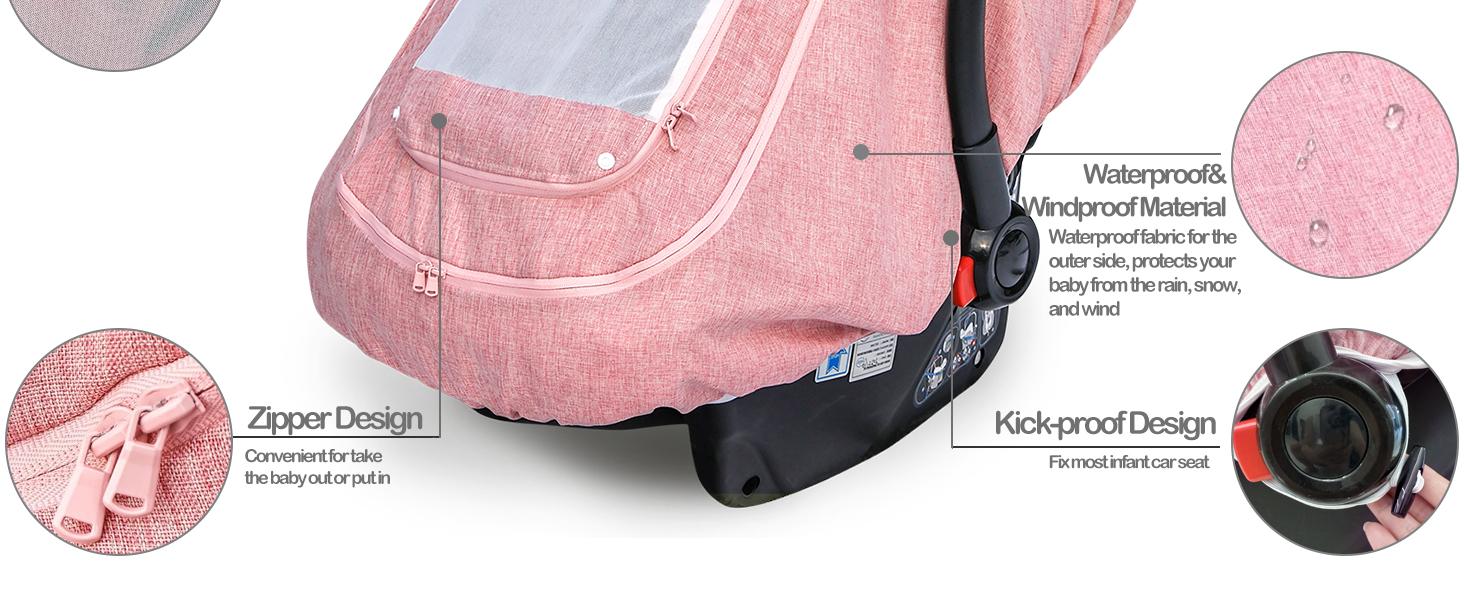 Waterproof Baby Car Seat Cover, Patented Pink Cold Weather Carseat Cover for Babies,Infant Car Seat Cover Canopy for Girls, Windproof Car Seat Canopy for Girls, Keeps Babies Warm and Cozy