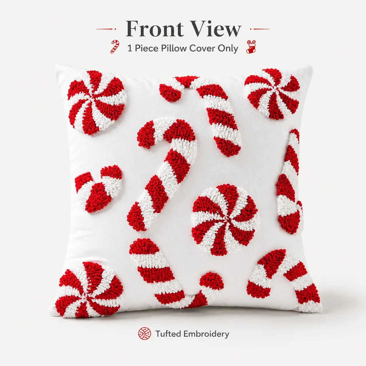 18x18 Inch Embroidered Pillowcase, Cane and Windmill Pattern, Festive Decor, Living Room Bedroom Study, No Insert Included
