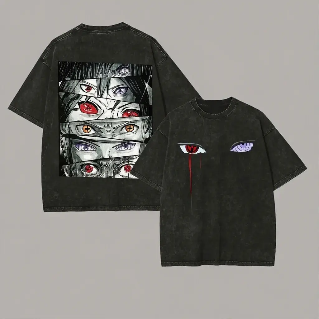 Men's Naruto Sharingan Graphic Tee, Vintage Washed Heavyweight Cotton Top, Oversized Drop Shoulder, Casual Distressed Streetwear, Menswear, Oversized Graphic Tee, Men's T Shirts, Anime Merchandise, Graphic Print, Heavy Cotton