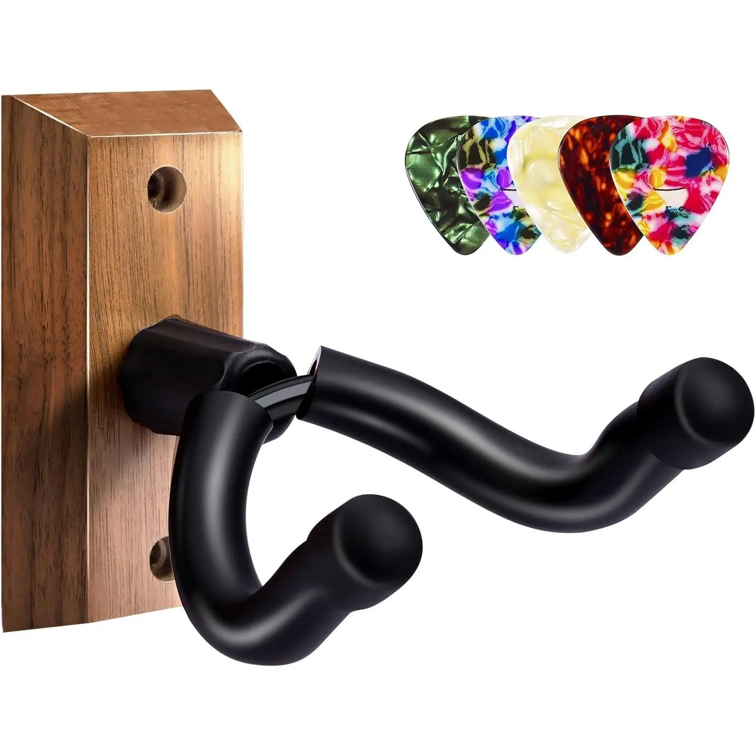 Black Walnut Solid Wood Handcrafted Guitar Wall Mount - Adjustable Swivel Yoke Holder with 5 Picks, Durable and Elegant Foundation for Acoustic, Electric Guitars, Bass, Banjo