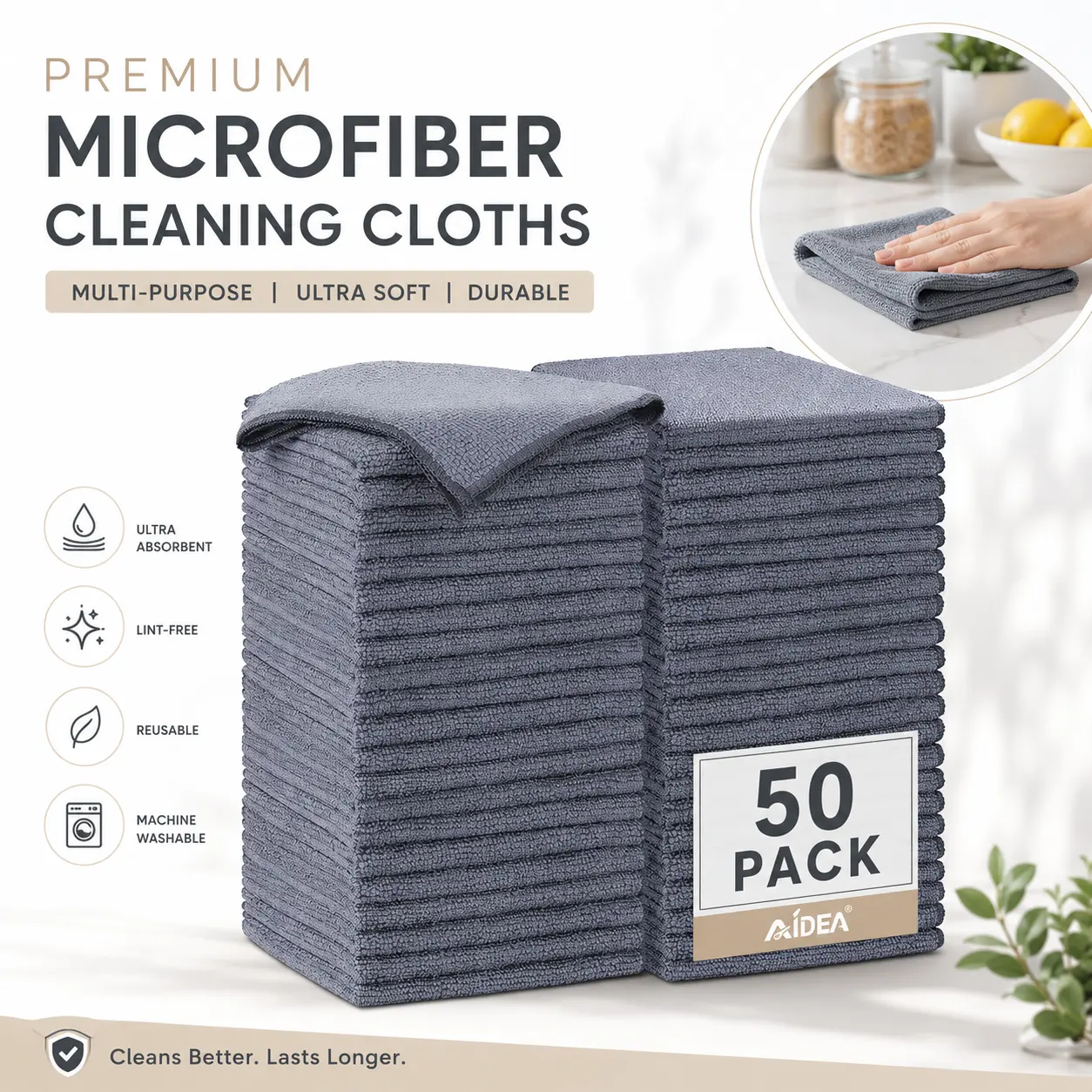 50 Pack Gray Microfiber Cleaning Cloths, 12 x 12 Inch Reusable Lint-Free Towels for Car, Kitchen, Glass, Home and Workshop