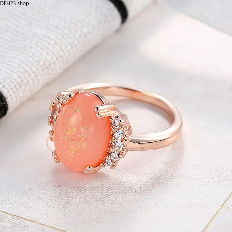 Oval Opal Ring for Women, Elegant Orange Opal Gemstone Statement Ring With Zircon Accents, Rose Gold Tone Fashion Jewelry, Vintage Inspired Cocktail Ring For Daily Wear, Party And Special Occasions