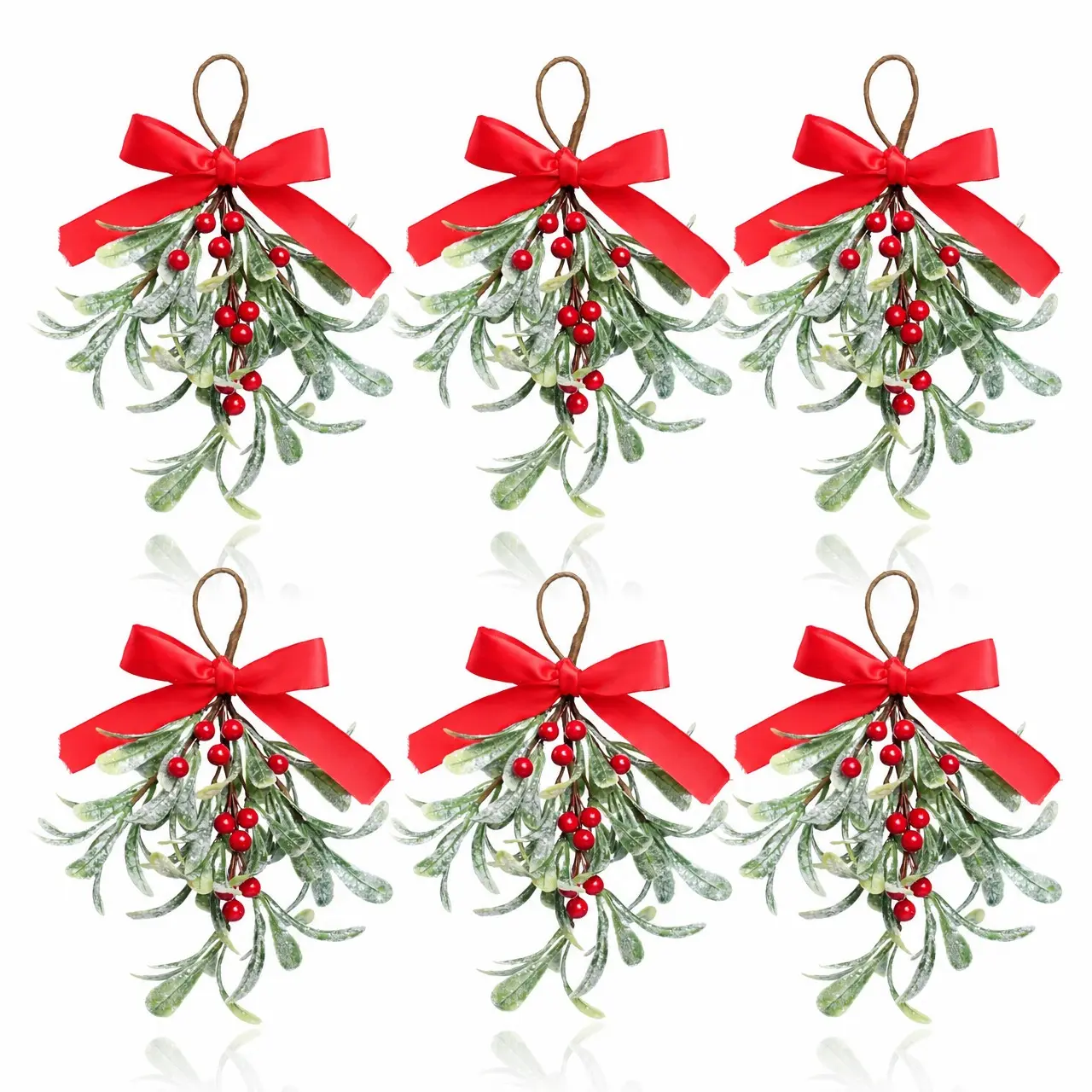 6pcs Artificial Mistletoe Christmas Decorations, Frosted Mistletoe Hanging Door Ornament, Kiss Ball, Shiny Leaves, Couple Decoration