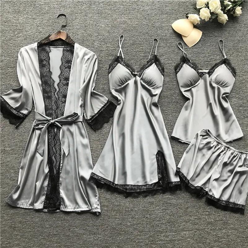 Lace Silk Pajamas Set Nightdress Sexy Lingerie Robe Women Sleepwear 4 Pieces Suits Sleeping Top And Shorts Femme Pijama Mujer Pj Loungewear Womenswear Homewear Solid233