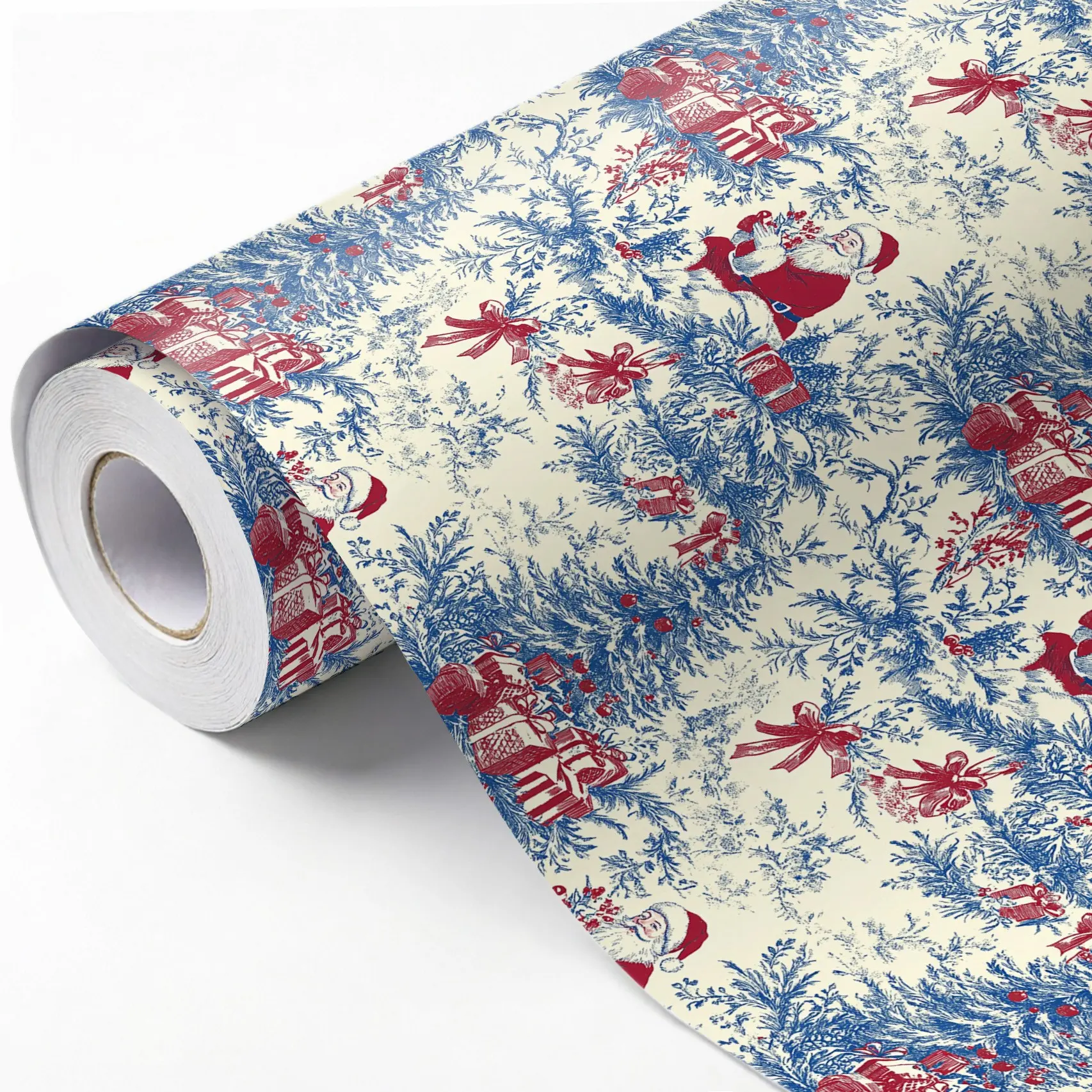 Christmas Copper Paper Gift Wrap Roll 43x500cm, High-Definition Blue Christmas Pattern, Santa Claus Snowflake Theme, DIY Craft Decor Paper