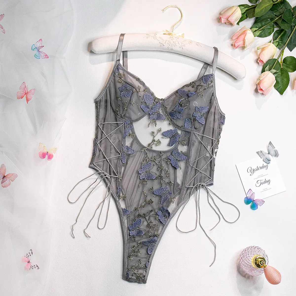 Women’s Butterfly Embroidered Bodysuit, Elegant Slim Fit Lace One Piece Top, Stylish Long Sleeve Bodysuit for Party & Daily Wear