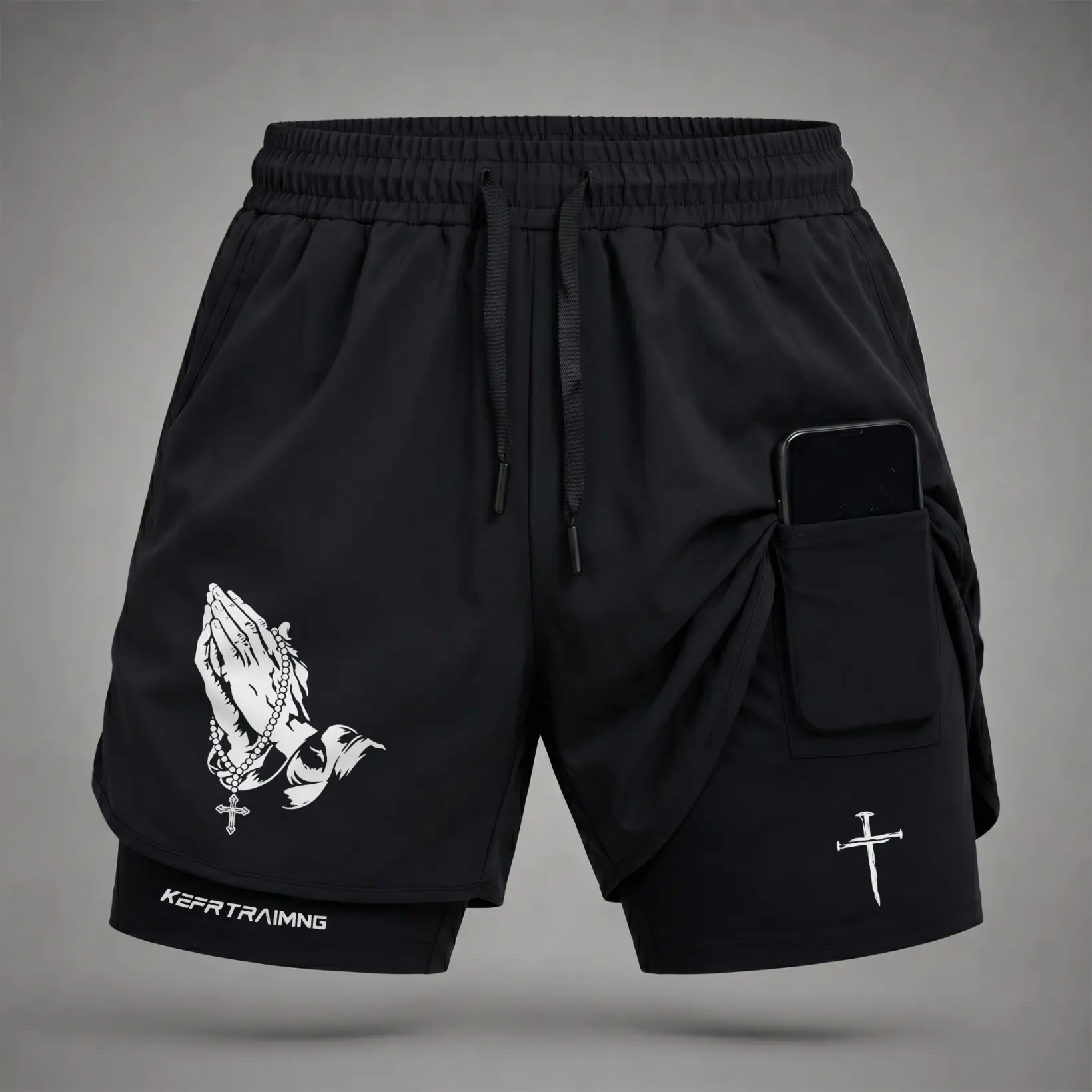 Men’s Praying Hands and Rosary Cross Graphic Print 2-in-1 Athletic Shorts, Built-in Compression Liner, Secure Inner Phone Pocket, Elastic Drawstring Waist, Quick-Dry Gym Running Training Shorts for Summer Daily Wear