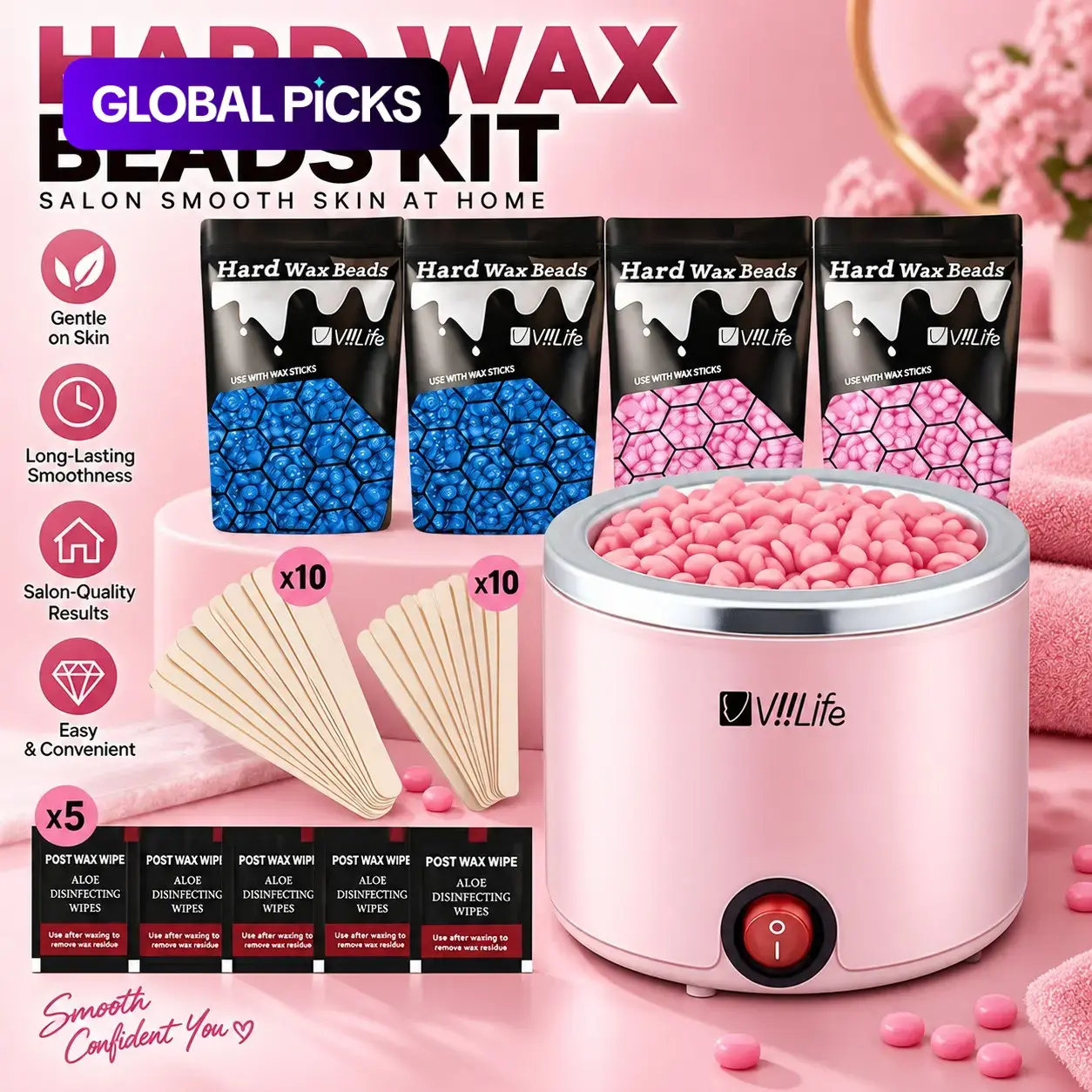 V!!life Waxing Kit 200cc, Hair Removal, Includes Heater, 4 Packs Wax Beans, 20 Wooden Sticks, 5 Wet Wipes, Full Body Use, Smooth Skin, Unisex