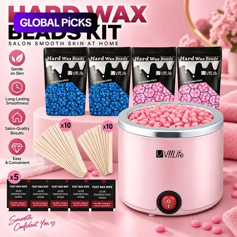 V!!life Waxing Kit 200cc, Hair Removal, Includes Heater, 4 Packs Wax Beans, 20 Wooden Sticks, 5 Wet Wipes, Full Body Use, Smooth Skin, Unisex #GLOBAL PICKS