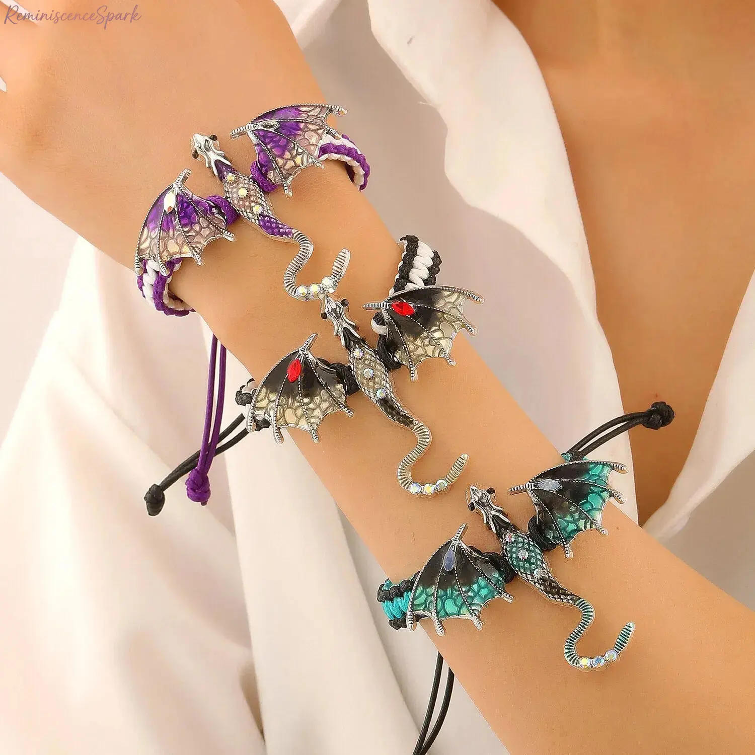 Enamel Dragon Braided Rope Bracelet, Sparkly Crystal‑Accented Flying Dragon Wristband, Gothic Adjustable Handmade Bangle, Trendy Statement Fashion Accessory, Stylish Ornament for Women, Great for Daily Wear, Themed Events and Night‑Out Outfit Styling
