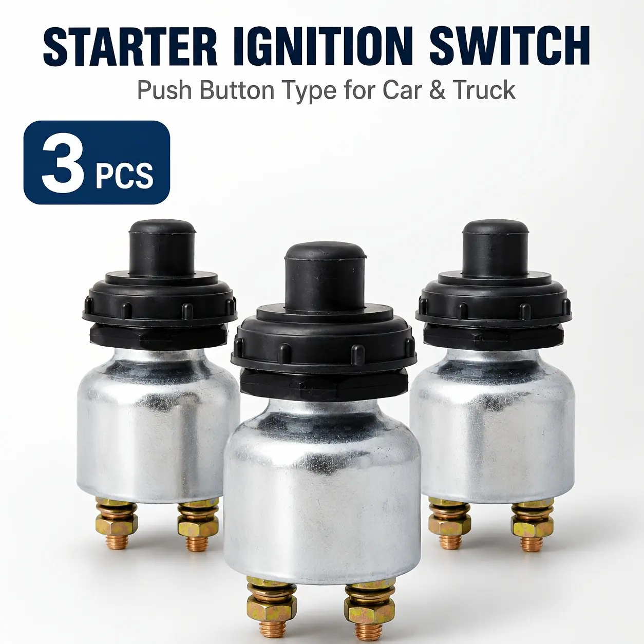 3pcs Car Truck Button Start Ignition Switch, Durable Metal Housing, 2 Terminal Wires, Threaded Installation, Start Control Switch