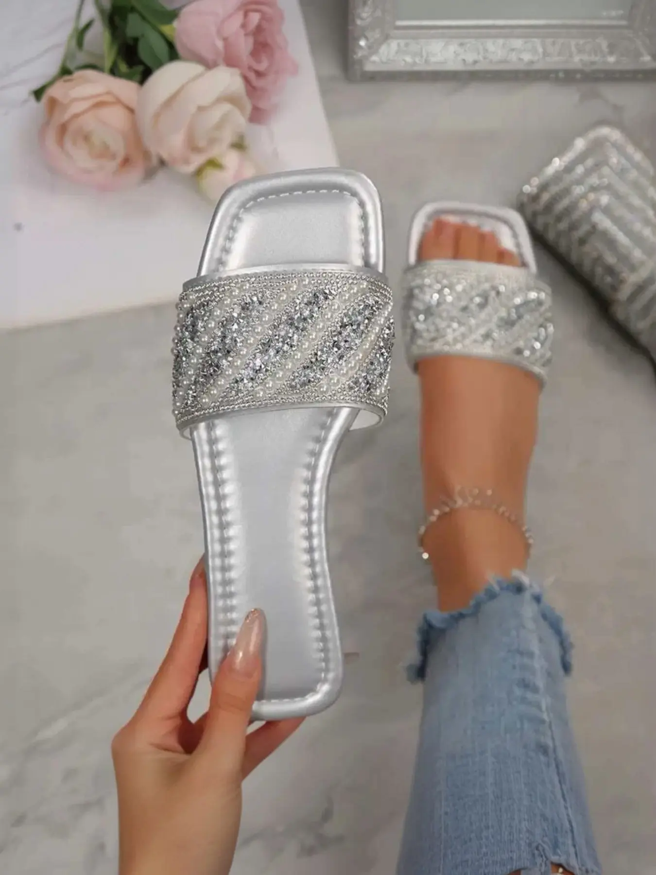 Silver Color Rhinestone Square Toe Sandals, Elegant PU Leather, Waterproof Rubber Sole, Perfect for Beach, Parties, Daily Wear, Beach Slides Sandals