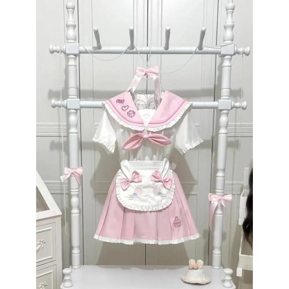 Kawaii Sweet Lolita Style 2 Piece Sets Women Y2k Pink Bow Sailor Collar Tops + Cat Apron Mini Skirt Japanese Casual Chic Outfits