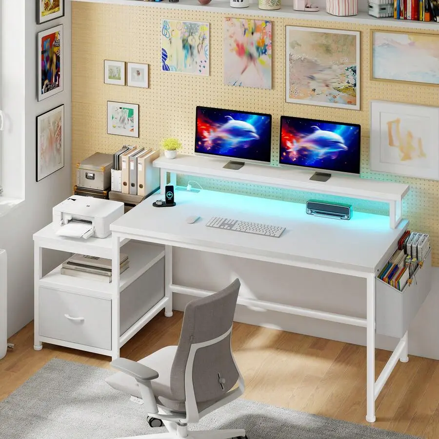 57" Computer & Office Desk With  Power Outlets, Drawers, Printer Space, File Cabinet, Shelves & Monitor Stand – Suitable For Office, Home Office, Study, Writing & Gaming,White, 20"D*57"W*36"H