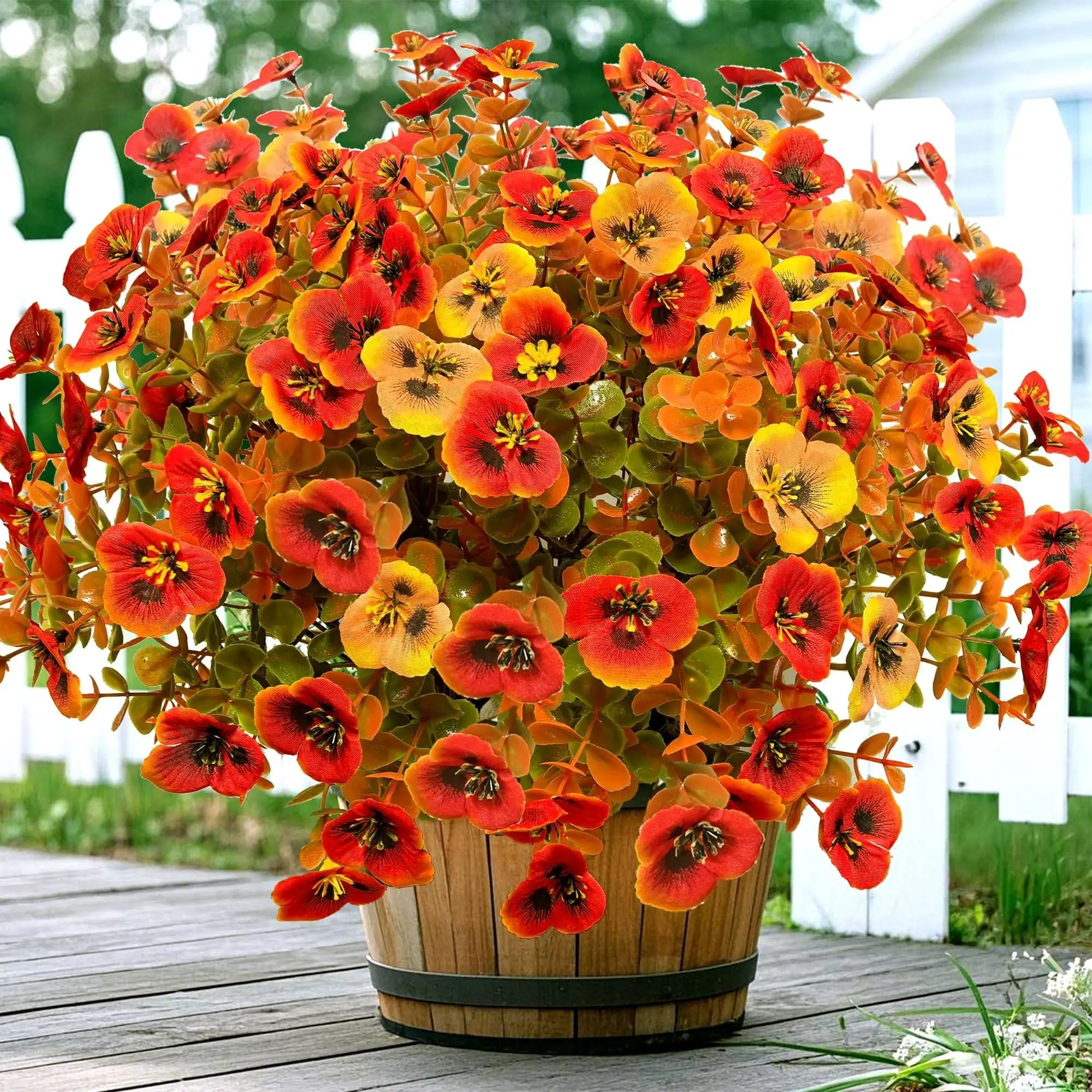 UV Resistant Artificial Fall Pansy with Eucalyptus for Outdoor, 24Pcs Realistic Faux Silk Pansy Florals, Ideal Fall Decor for Porch, Patio, Garden & Window Boxes