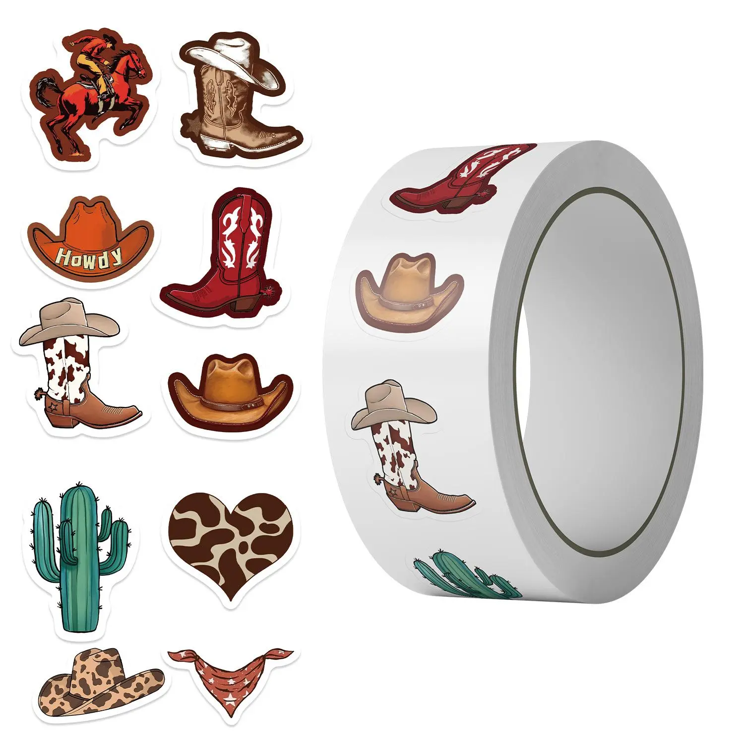 Western Cowboy Pattern Sticker, 500pcs/roll Cowboy Hat Boots Cactus Decorative Decals, Self-adhesive Sticker for Boys Water Bottle Scrapbook Gift Wrap Decor