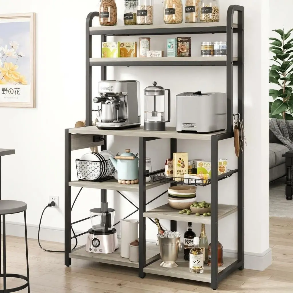 Microwave Stand Kitchen Storage Rack, 6-Tier Bakers Rack with Power Outlet, MDF & Steel Construction, Adjustable Feet Anti-Tip Design, Freestanding Shelf for Kitchen Dining Room