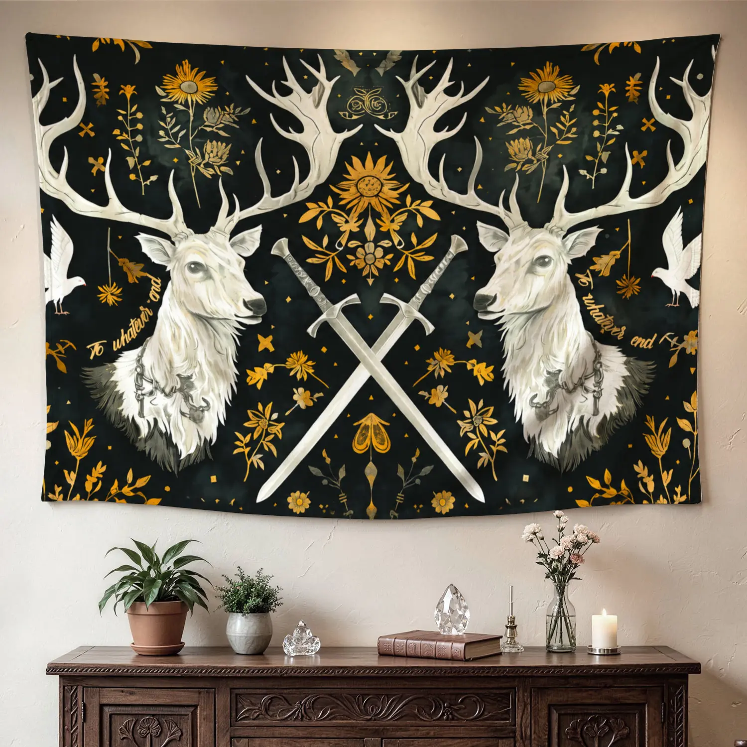 Vintage Stag Floral Sword Hippie Art Wall Tapestry - Large Polyester Colorfast High-Def Print Wall Decor, No-Installation Horizontal Hanging, Gift Idea for Living Room, Indoor Use