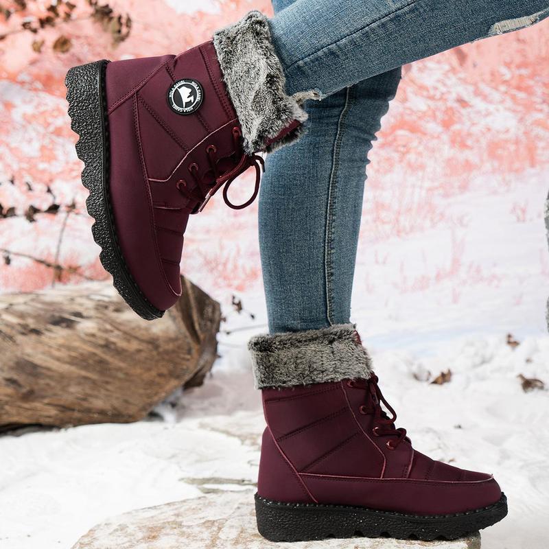Women's Snow Boots Insulated Waterproof Winter Boots for Women Warm Fur Lined Booties High-heeled Snow Boots Lace-Up Mid-Calf Design Faux Fur Cozy Warm Black
