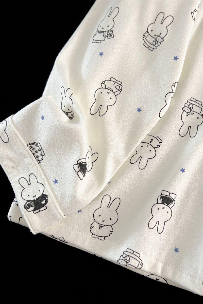 Kawaii Miffy Bunny Thermal Brushed Flannel Sleepwear Set Cozy Open-Front for Women Cute Cartoon Autumn Winter Pajamas K-trend