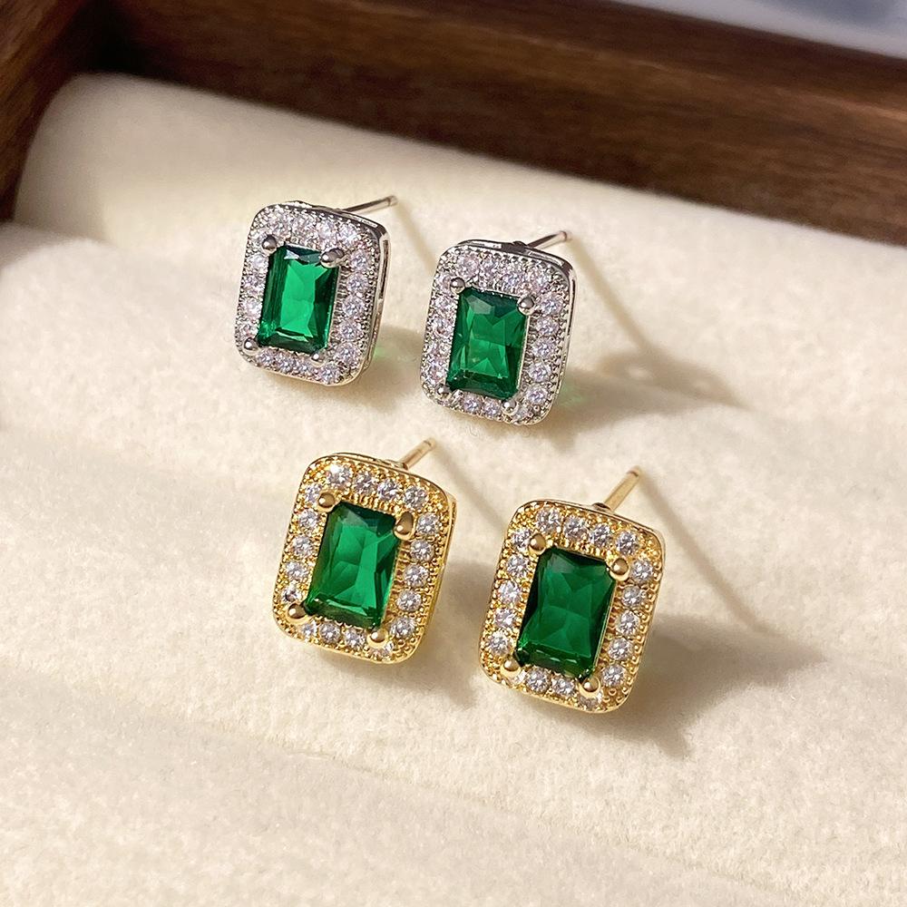 Luxury Golden Green Crystal Stud Earrings for Women, Sparkly Rectangle CZ Halo Earrings, Elegant Gem Look Jewelry, Chic Everyday Party Gift Accessory
