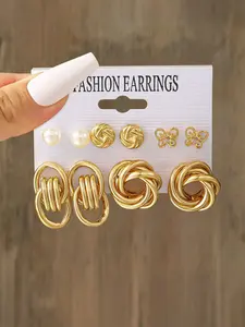 5 Pairs Geometric Imitation Pearl Earrings Set, Hollow Butterfly Studs, Metal Braided Earrings, Creative Simple Earrings, Party Wear