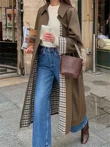 Women's Long Fashion Lapel Button Coat, Retro Plaid Long Jacket, British Lapel Loose Fit Slimming Over-The-Knee Versatile Coat