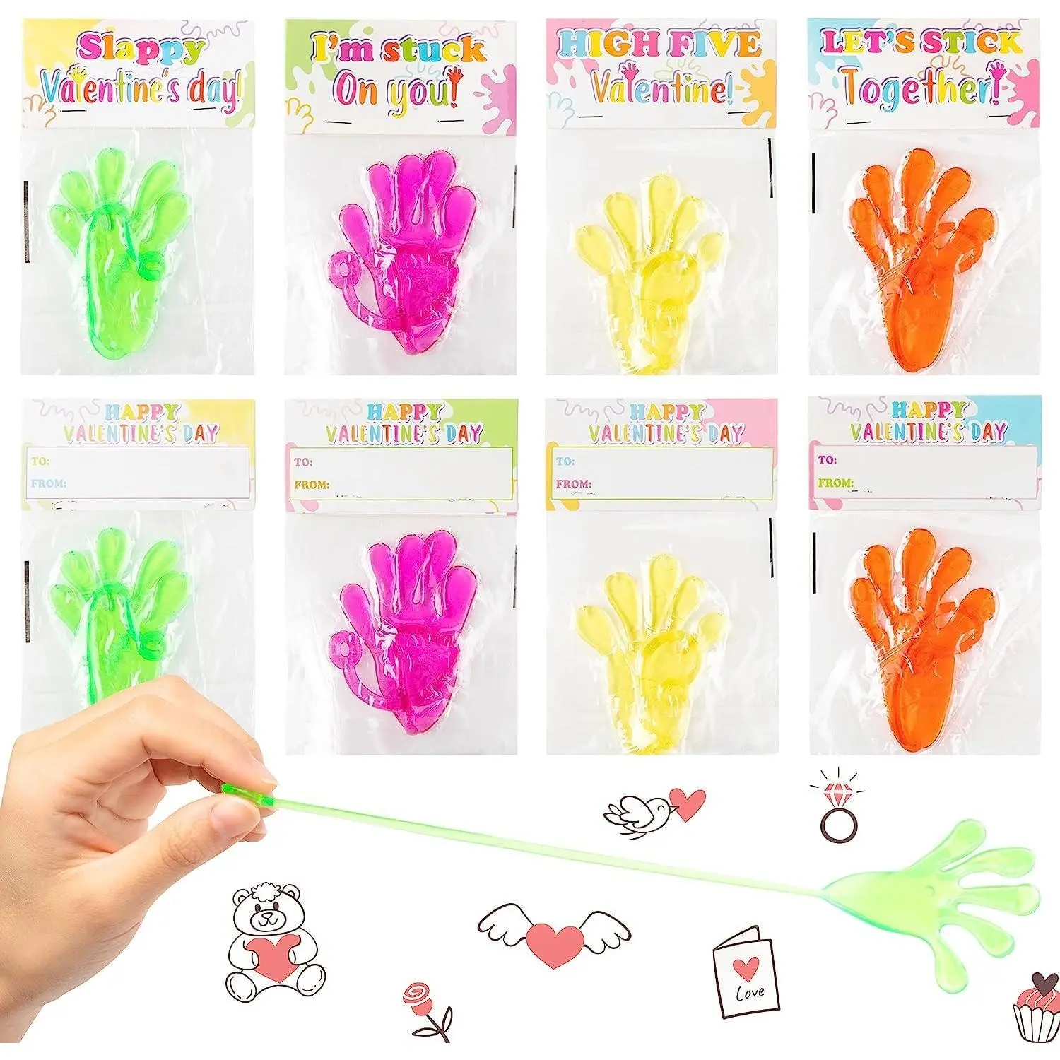 Valentines Exchange Gifts Bulk - 28 Pack Valentine’s Day Glitter Sticky Hand Greeting Cards Stretchy Snap Toys  Multi-Item Party Favor Packs Classroom Prize Rewards Stocking Stuffers