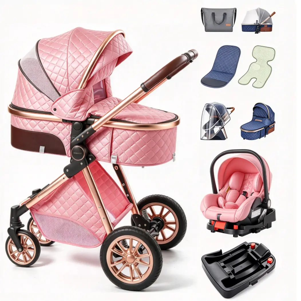 Pink Luxury 3-in-1 High Landscape Baby Stroller Travel System Baby Items, Shock-Absorb 4-Wheel Pram with Infant Car Seat & Base, 1-Hand Fold, 6 Free Accessories for Newborn to 2 Years Old
