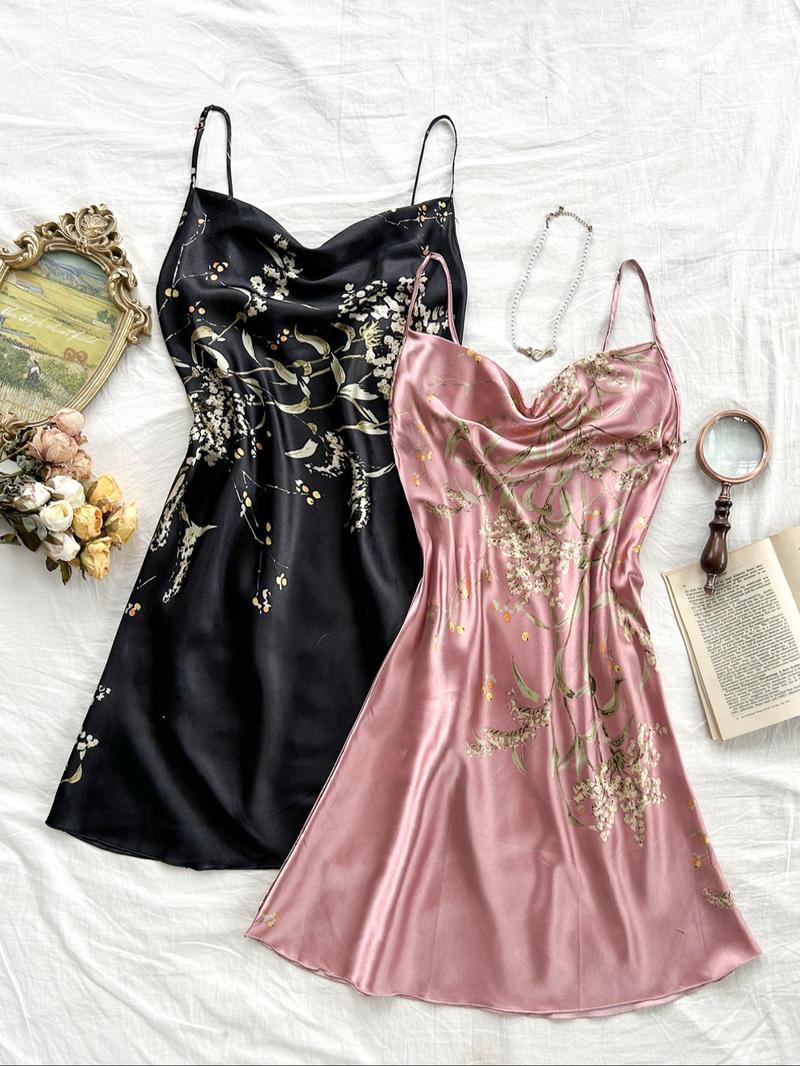 Women's Floral Print Cami Nightdress, Draped Spaghetti Strap Sleeveless Nightgown, Soft Comfy Sleepwear Loungewear Set for Women