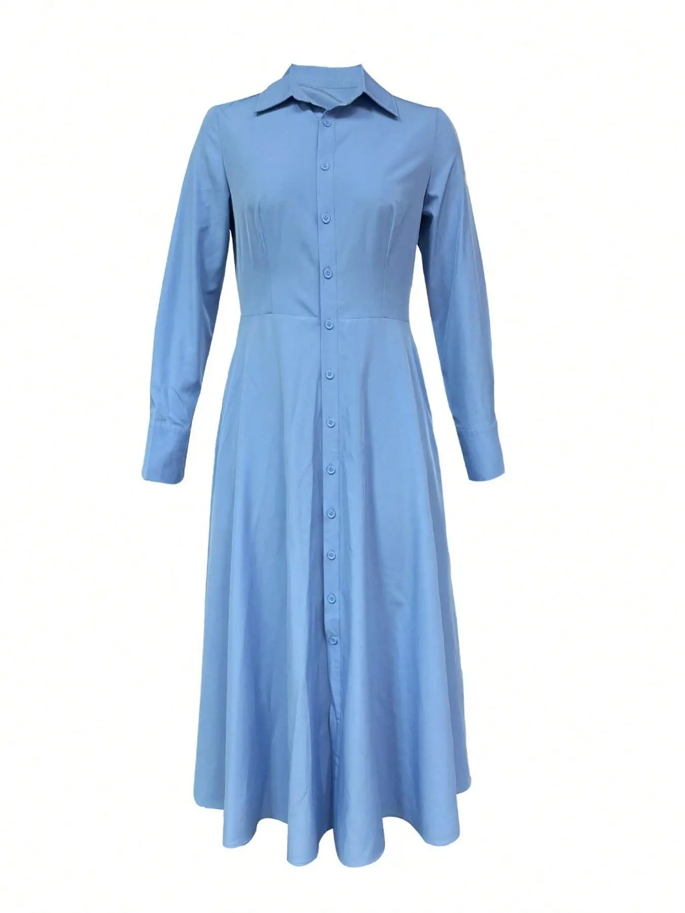 Women Lapel Shirt Maxi Dress, Blue Single Breasted Straight Long Sleeve Gown, Simple Elegant Slim Fit Outfit For Office Commute Daily Dating Occasions