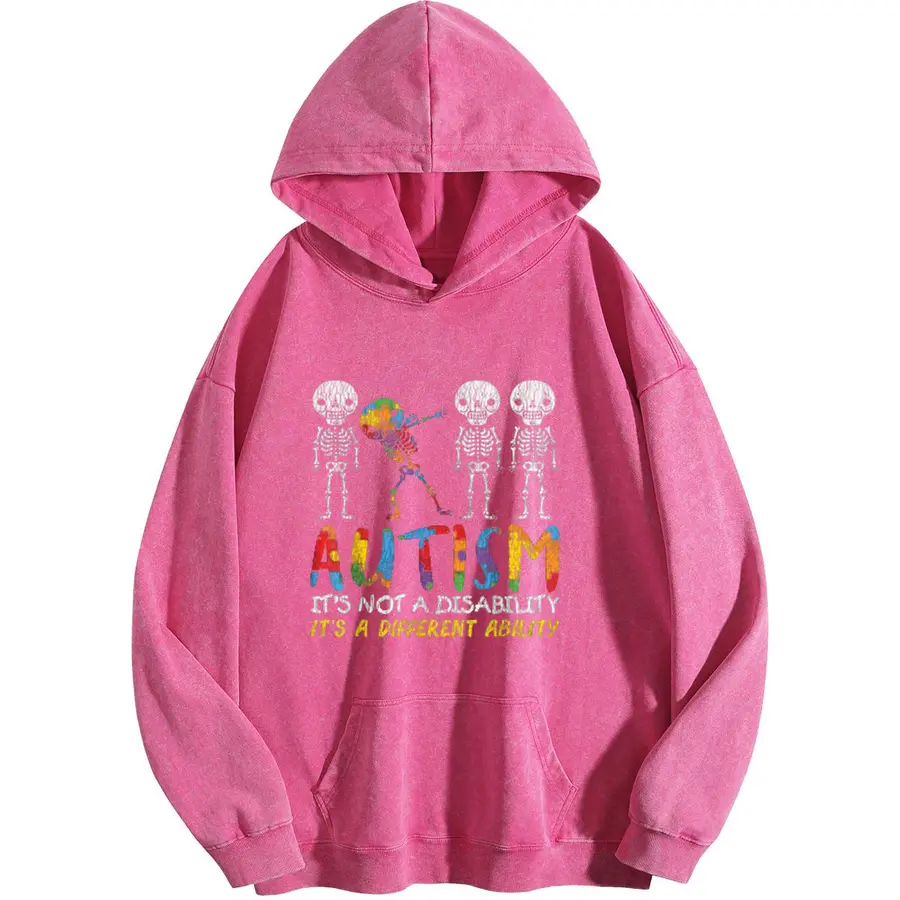 Wayii Vintage Washed Pink Oversized Hoodie - Autism Awareness Dancing Skeleton Neurodiversity Graphic Pullover Sweatshirt, Casual Retro Inspirational Streetwear Loungewear For Men Women