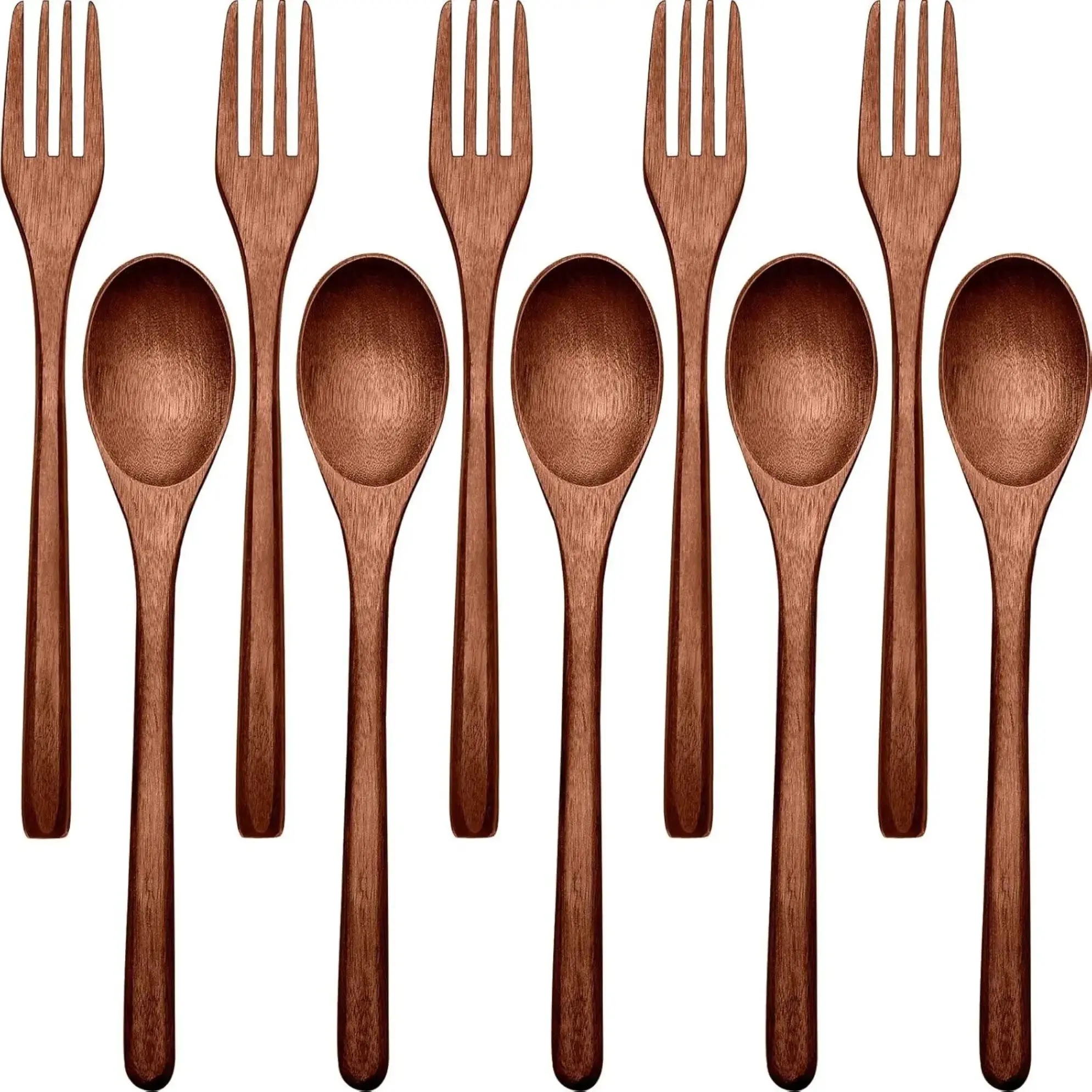 10PCS Wooden Spoons Forks Set Wood Dinner Utensil Set Reusable Flatware Tableware Set Handmade Natural Cutlery Set Includes Wood Spoon Fork for Cooking Stirring Eating,Car Interior Accessories Portable Dinnerware